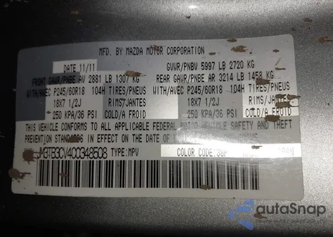 2012 Mazda Cx-9 Touring z USA, uszkodzony, nr VIN JM3TB3CV4C0348508